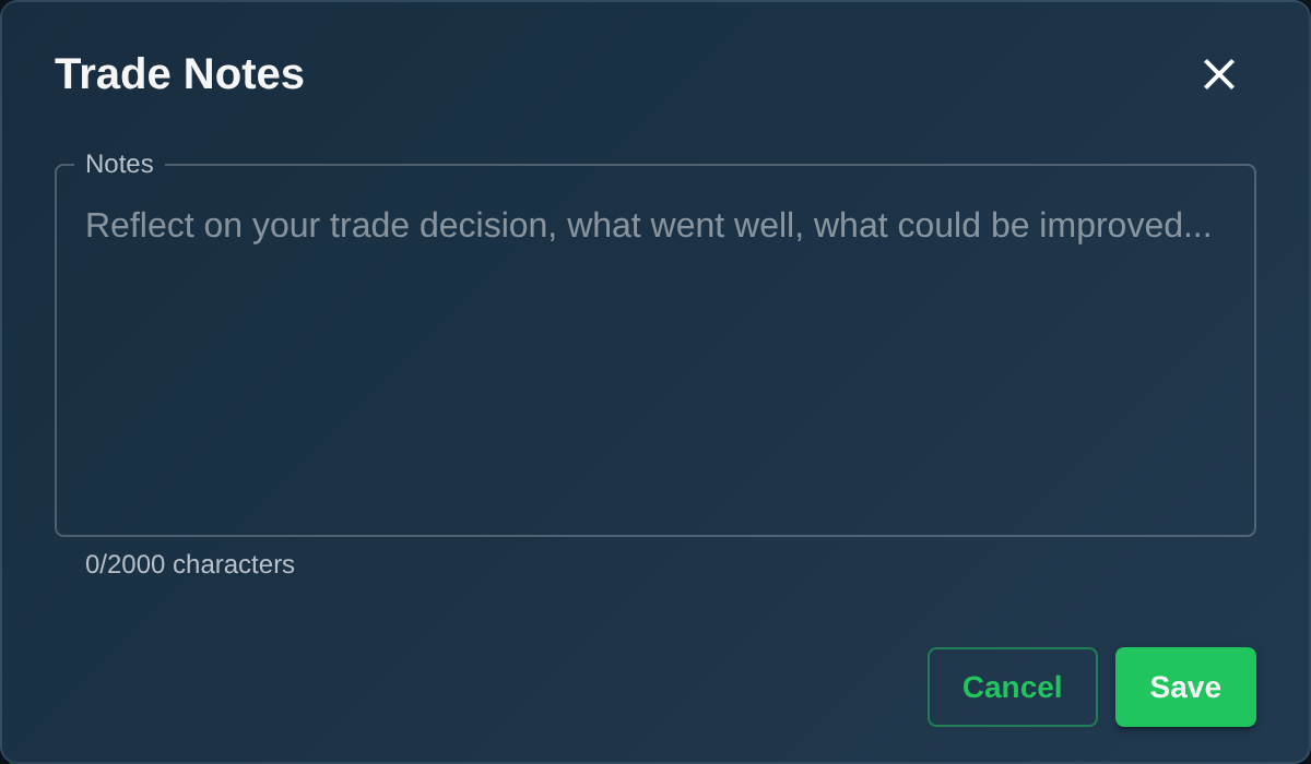 ChartingPark journal section where you can add notes to individual trades during session replay