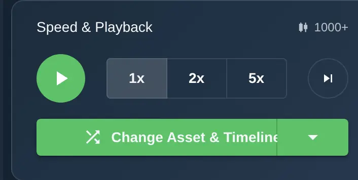 ChartingPark playback controls showing play/pause button, step forward, and speed selector